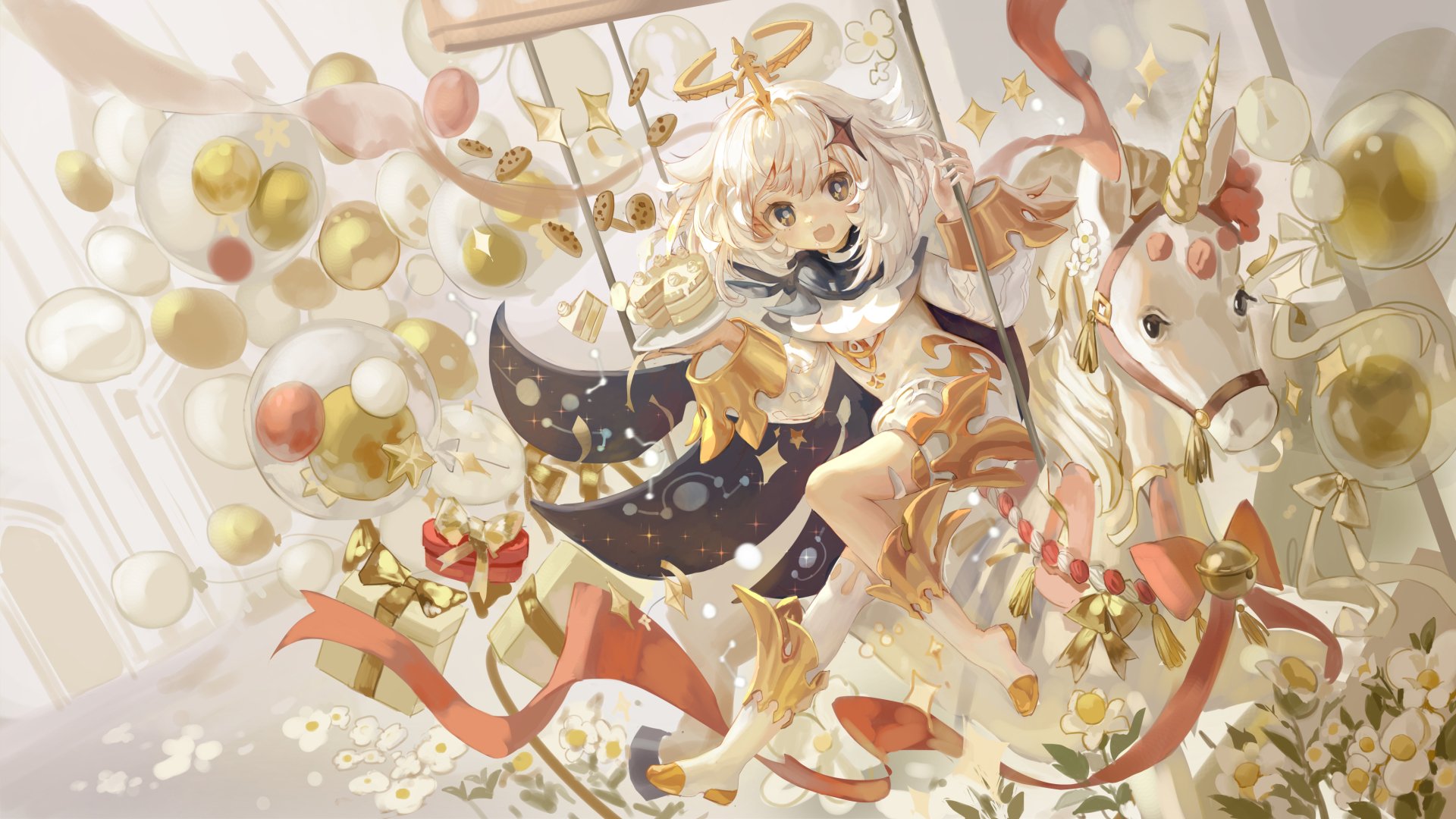 HD PC desktop wallpaper featuring Paimon from the video game Genshin Impact, surrounded by floating golden orbs and riding a white carousel horse.