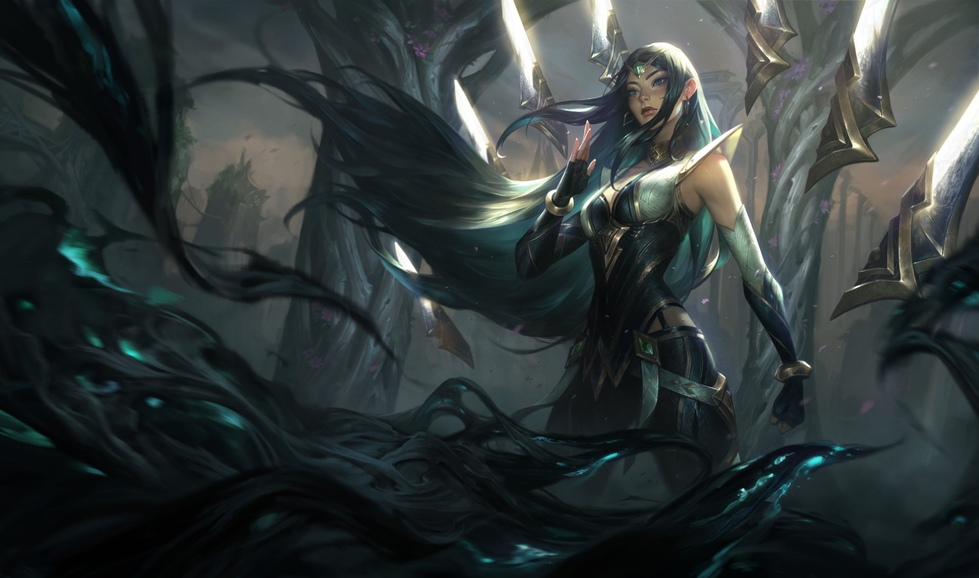 Irelia from League of Legends is depicted in a dark, mystical forest setting in this 4K Ultra HD PC desktop wallpaper, showcasing her poised and powerful stance.