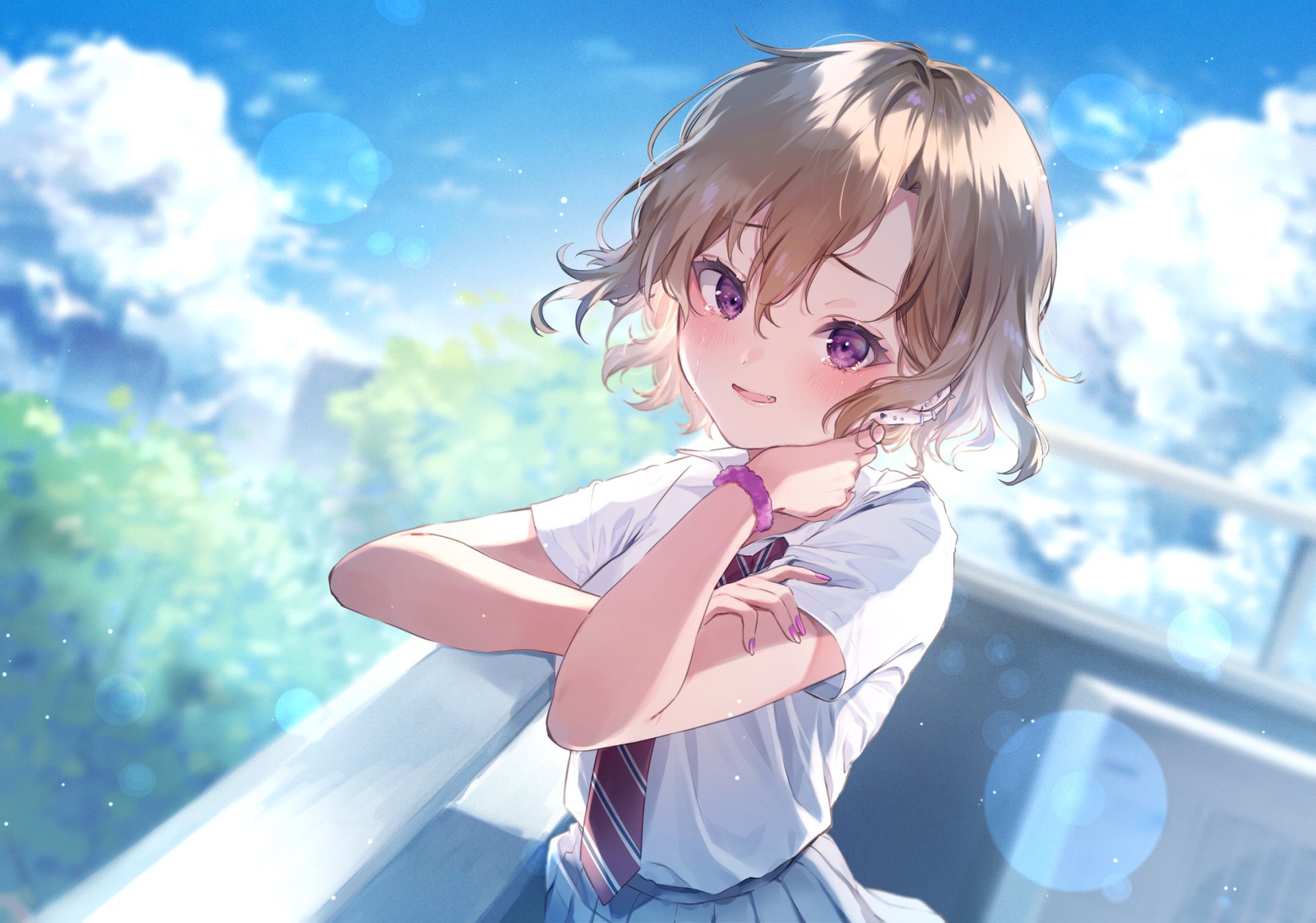 HD anime girl wallpaper featuring a blonde with short hair and purple eyes, wearing earrings, set against a bright, softly blurred outdoor background.