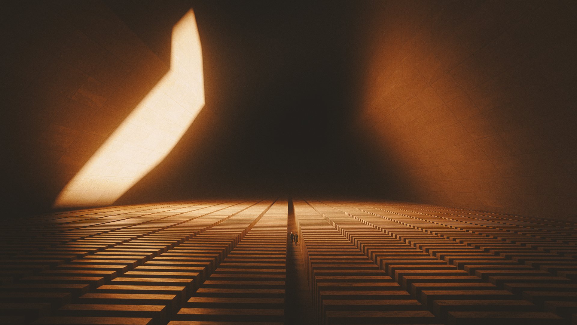 Blade Runner 2049 4K Ultra HD PC wallpaper: dim, futuristic grid floor leading to a lone vertical light in orange haze, with an angled illuminated panel casting long shadows.