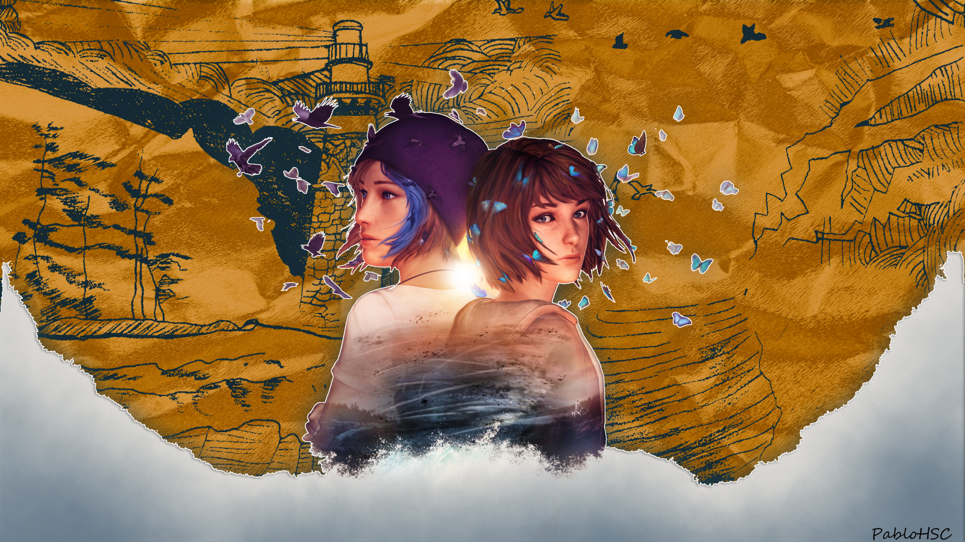 Max Caulfield and Chloe Price back-to-back amid butterflies, map and ocean motifs — Life Is Strange video game 2K Quad HD PC desktop wallpaper