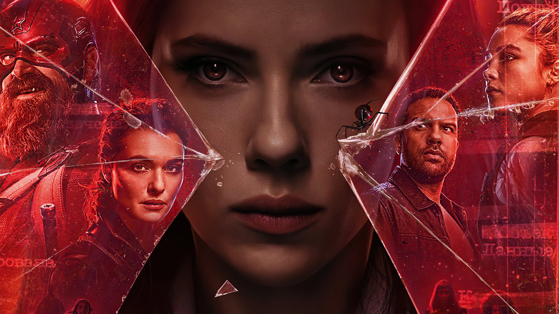 4K Ultra HD PC desktop wallpaper featuring key characters from the movie Black Widow, with a striking close-up of the lead character at the center.