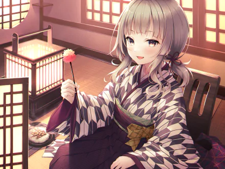 HD anime desktop wallpaper of a blonde anime girl with yellow eyes, wearing a patterned kimono, seated indoors with warm lighting and traditional decor.