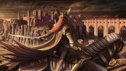 HD wallpaper featuring Malenia Blade of Miquella from the video game Elden Ring, showcasing her in battle armor with a sword on horseback, set against a dramatic castle backdrop.