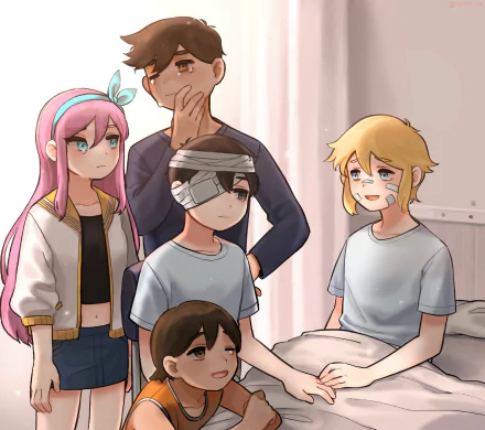 eye patch brown hair pink hair blonde black hair Aubrey (Omori) tears Hero (Omori) Kel (Omori) Basil (Omori) Sunny (Omori) video game OMORI HD Desktop Wallpaper | Background Image