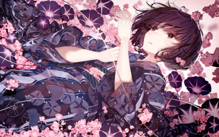 Anime girl with short brown hair and brown eyes surrounded by cherry blossoms in full spring bloom, featured as an HD PC desktop wallpaper and background.