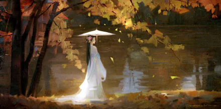 HD PC desktop wallpaper featuring Jiang Yanli from Mo Dao Zu Shi standing by a riverbank under autumn leaves, holding a white umbrella in a serene anime-style scene.