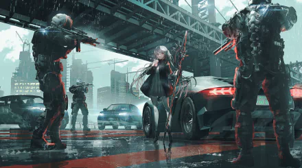 Anime girl with grey twintails and red eyes stands confidently in a dystopian city, surrounded by armed soldiers and futuristic vehicles. HD desktop wallpaper and background.