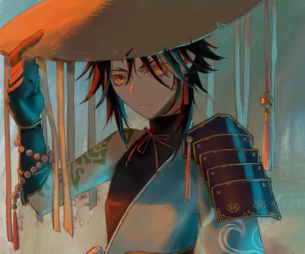 HD PC desktop wallpaper featuring Xiao from the video game Genshin Impact, showcasing his detailed armor and intense expression in a dynamic artistic style.