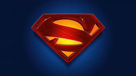 Bold red and gold Superman S shield emblem on a deep blue field — DC Comics comic-style 4K Ultra HD PC desktop wallpaper.
