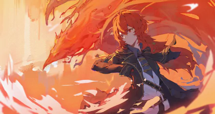 HD desktop wallpaper featuring Diluc from the video game Genshin Impact, depicted with fiery red hair and flames swirling around him.