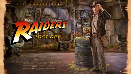 HD desktop wallpaper featuring Harrison Ford as Indiana Jones from the 40th anniversary of the movie Raiders of the Lost Ark, set in an ancient temple background.