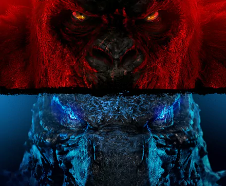 HD PC desktop wallpaper featuring a dramatic close-up of King Kong and Godzilla from the movie Godzilla vs Kong, highlighting their intense eyes and textures.