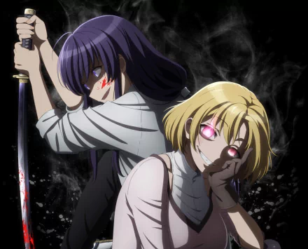 HD anime desktop wallpaper featuring Mikoto Kibitsu and Saltorine Aldike from Peach Boy Riverside with intense expressions and dark, smoky background.