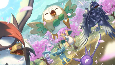 HD anime-style desktop wallpaper featuring Pokémon Corviknight, Crobat, Golurk, Hatterene, Rowlet, Staraptor, and Dragonite amidst a vibrant cherry blossom scene.