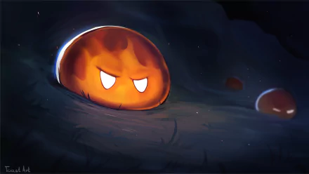HD PC desktop wallpaper featuring an angry orange Slime from the video game Genshin Impact against a dark, rocky background.