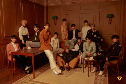 Seventeen band members styled in coordinated outfits posing for an HD desktop wallpaper in a vintage room setting.