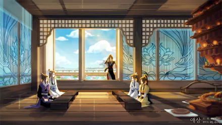 Anime-style HD PC desktop wallpaper featuring Mo Dao Zu Shi characters Wei Wuxian, Jin Ling, Lan Sizhui, Lan Wangji, and Jiang Cheng in a traditional wooden room.