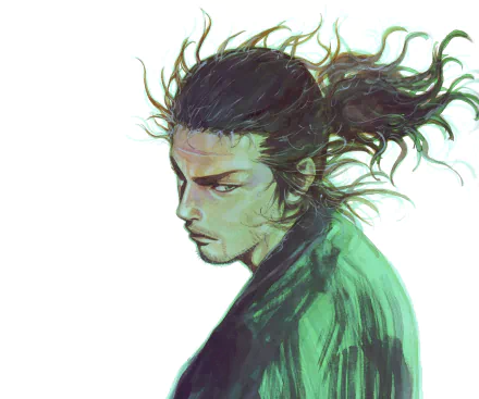 HD PC desktop wallpaper featuring an anime-style character from Vagabond, with detailed hair and intense expression against a light background.