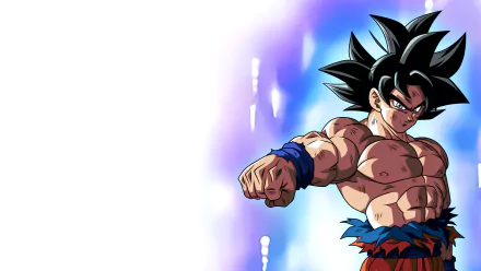 HD PC desktop wallpaper featuring Goku from Dragon Ball Super in a powerful anime pose with glowing blue and white background.