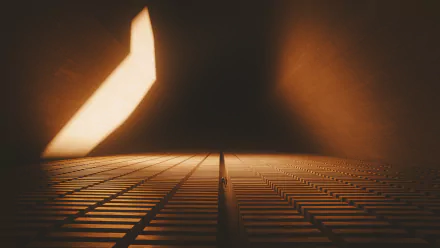 Blade Runner 2049 4K Ultra HD PC wallpaper: dim, futuristic grid floor leading to a lone vertical light in orange haze, with an angled illuminated panel casting long shadows.