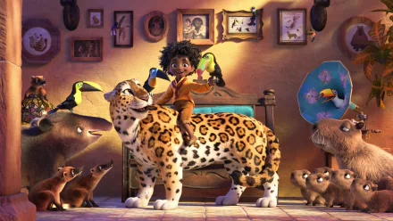 Antonio Madrigal from the movie Encanto rides a large leopard surrounded by various animals in a warmly lit room. HD PC desktop wallpaper and background.