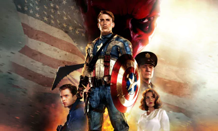 4K Ultra HD wallpaper featuring Chris Evans as Captain America, Hayley Atwell as Peggy Carter, Sebastian Stan as Bucky Barnes, and Red Skull from Captain America: The First Avenger.