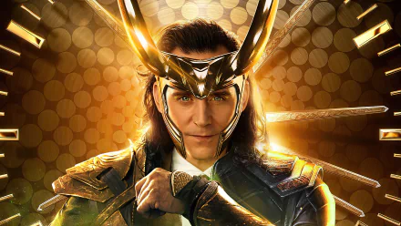Close-up portrait of Loki from the Marvel TV show wearing a horned helmet and green-gold armor, dramatic golden bokeh background — 4K Ultra HD desktop wallpaper.