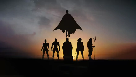 Silhouettes of Flash, Cyborg, Aquaman, Wonder Woman, Batman, and Superman from Zack Snyder's Justice League stand against a dramatic sunset in this 8K Ultra HD PC wallpaper.