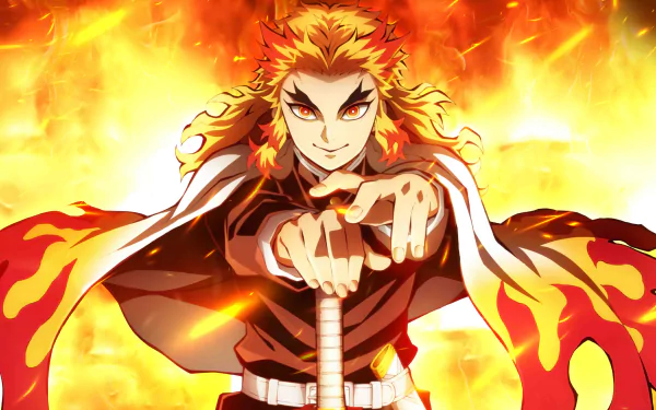 HD PC desktop wallpaper featuring Kyojuro Rengoku from the anime Demon Slayer: Kimetsu no Yaiba - The Movie: Mugen Train, surrounded by vibrant flames.