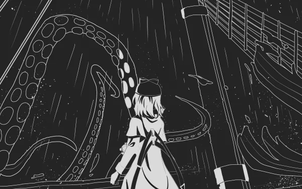 Black and white anime-style HD desktop wallpaper featuring Virtual YouTuber Watson Amelia facing large tentacles near a dock at night.