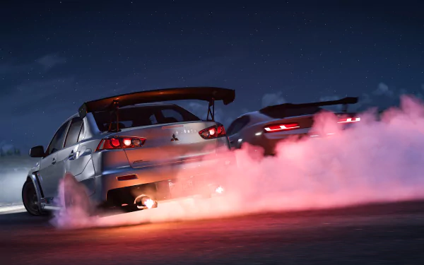A dynamic 4K Ultra HD PC wallpaper featuring two cars drifting at night, captured from the video game Forza Horizon 5.