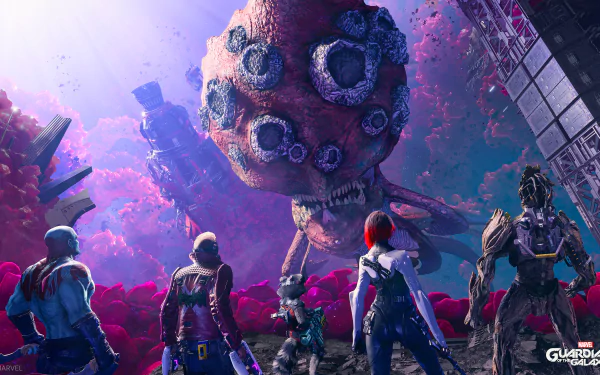 Groot Gamora Rocket Raccoon Star Lord Drax The Destroyer video game Marvel's Guardians of the Galaxy HD Desktop Wallpaper | Background Image