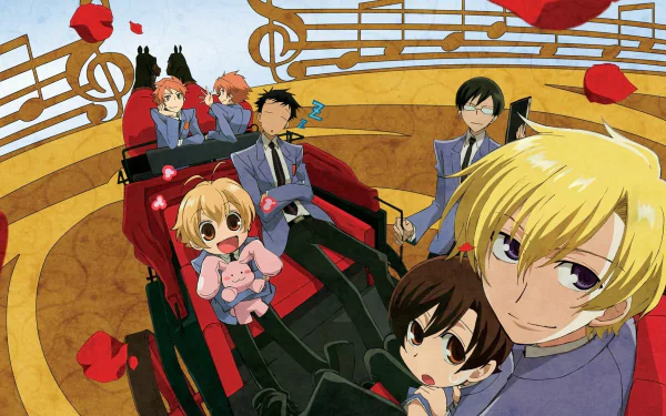 Mitsukuni Haninozuka Kaoru Hitachiin Hikaru Hitachiin Kyoya Ootori Takashi Morinozuka Haruhi Fujioka Tamaki Suoh Anime Ouran High School Host Club HD Desktop Wallpaper | Background Image