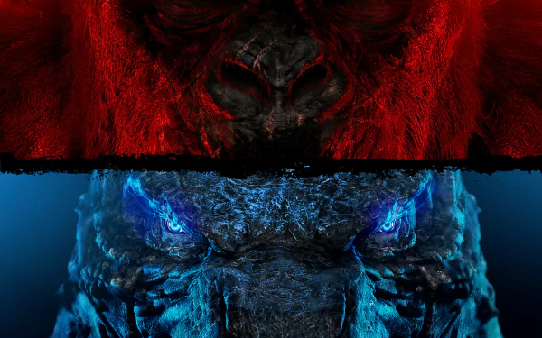 HD PC desktop wallpaper featuring a dramatic close-up of King Kong and Godzilla from the movie Godzilla vs Kong, highlighting their intense eyes and textures.