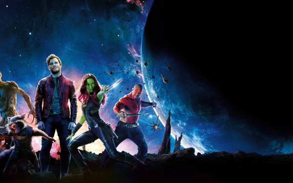 8K Ultra HD desktop wallpaper featuring Guardians of the Galaxy characters Peter Quill (Star-Lord), Drax, Gamora, Rocket Raccoon, Groot, and actors Chris Pratt, Dave Bautista, Zoe Saldana.