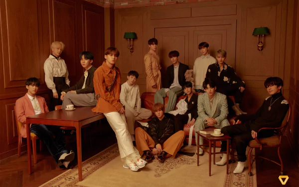 Seventeen band members styled in coordinated outfits posing for an HD desktop wallpaper in a vintage room setting.