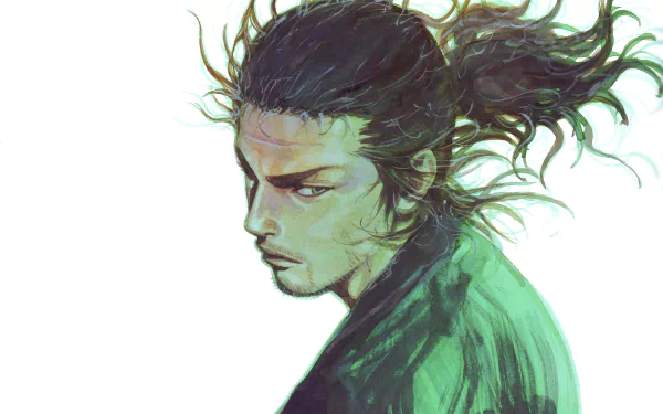 HD PC desktop wallpaper featuring an anime-style character from Vagabond, with detailed hair and intense expression against a light background.