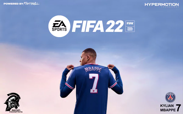 4K Ultra HD PC wallpaper for FIFA 22: video game promo of a soccer player in a #7 jersey, back to camera, holding his collar against a soft pastel sky background.
