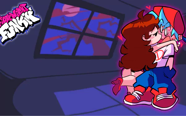 HD desktop wallpaper featuring characters from the video game Friday Night Funkin' sharing a close moment in a stylized, colorful animated scene.