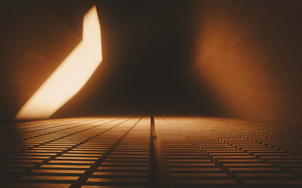 Blade Runner 2049 4K Ultra HD PC wallpaper: dim, futuristic grid floor leading to a lone vertical light in orange haze, with an angled illuminated panel casting long shadows.