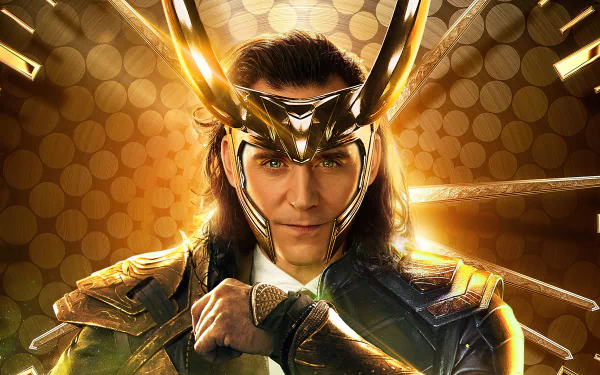 Close-up portrait of Loki from the Marvel TV show wearing a horned helmet and green-gold armor, dramatic golden bokeh background — 4K Ultra HD desktop wallpaper.