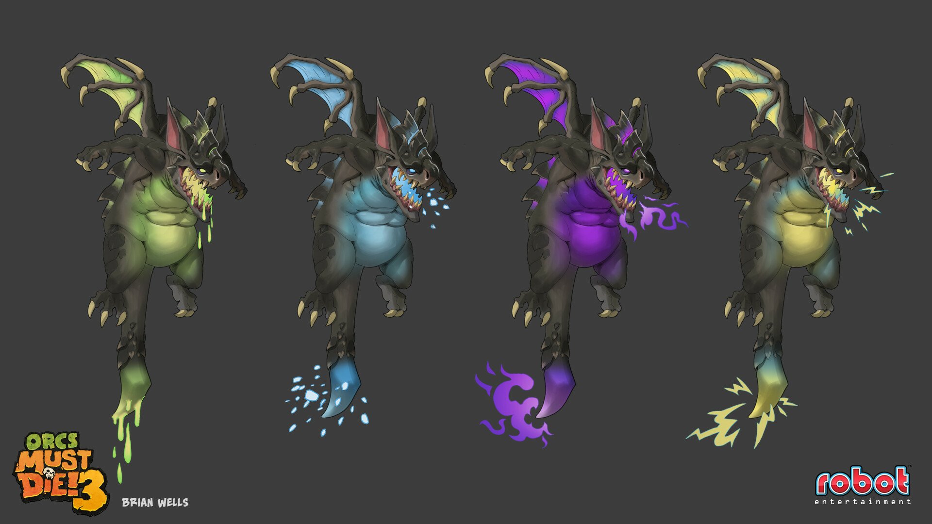 Orcs Must Die! 3 HD desktop wallpaper featuring a series of concept art characters with different elemental powers displayed in a progression.