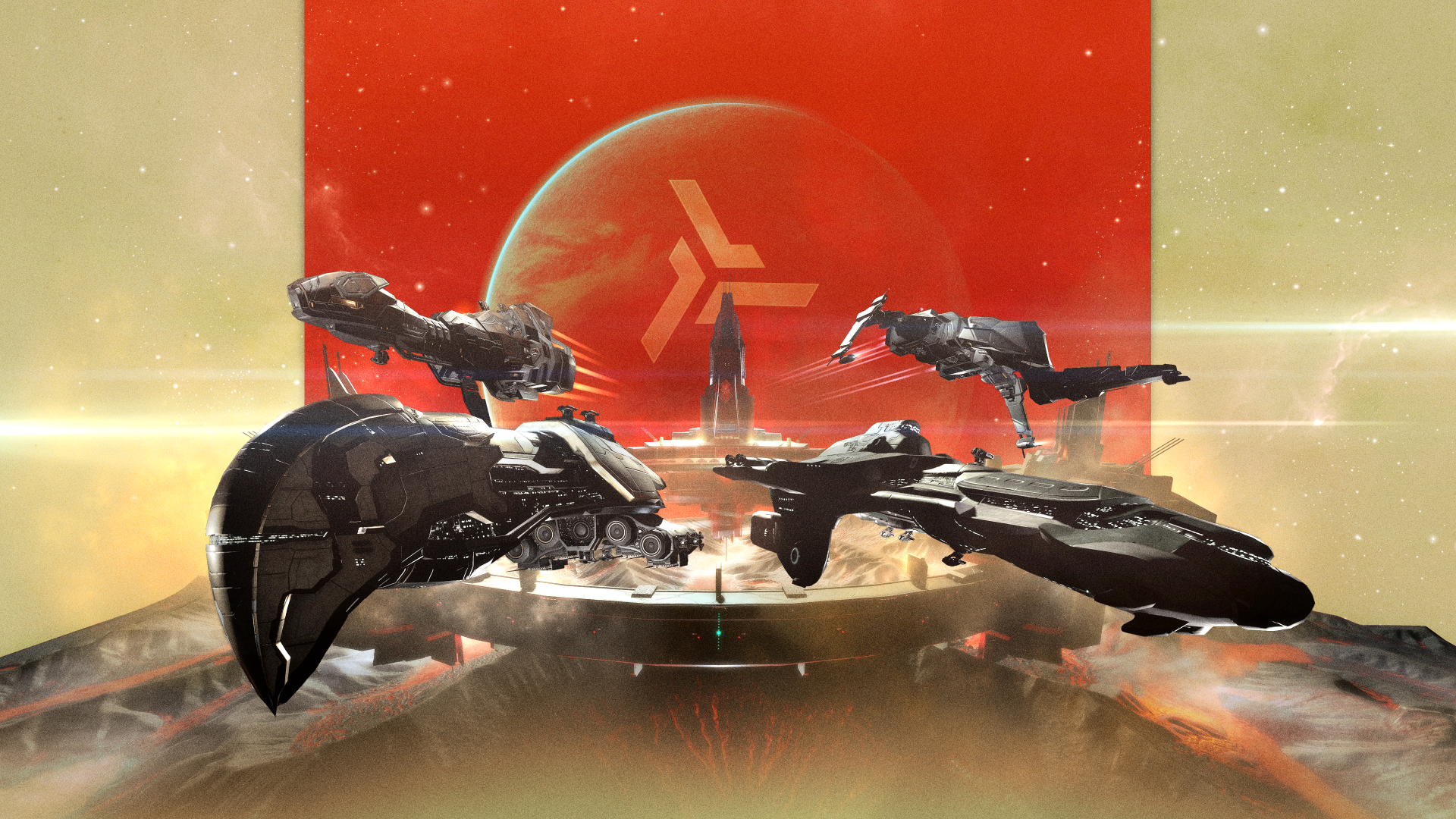 HD desktop wallpaper featuring EVE Online spaceships with a red planet and starry background.
