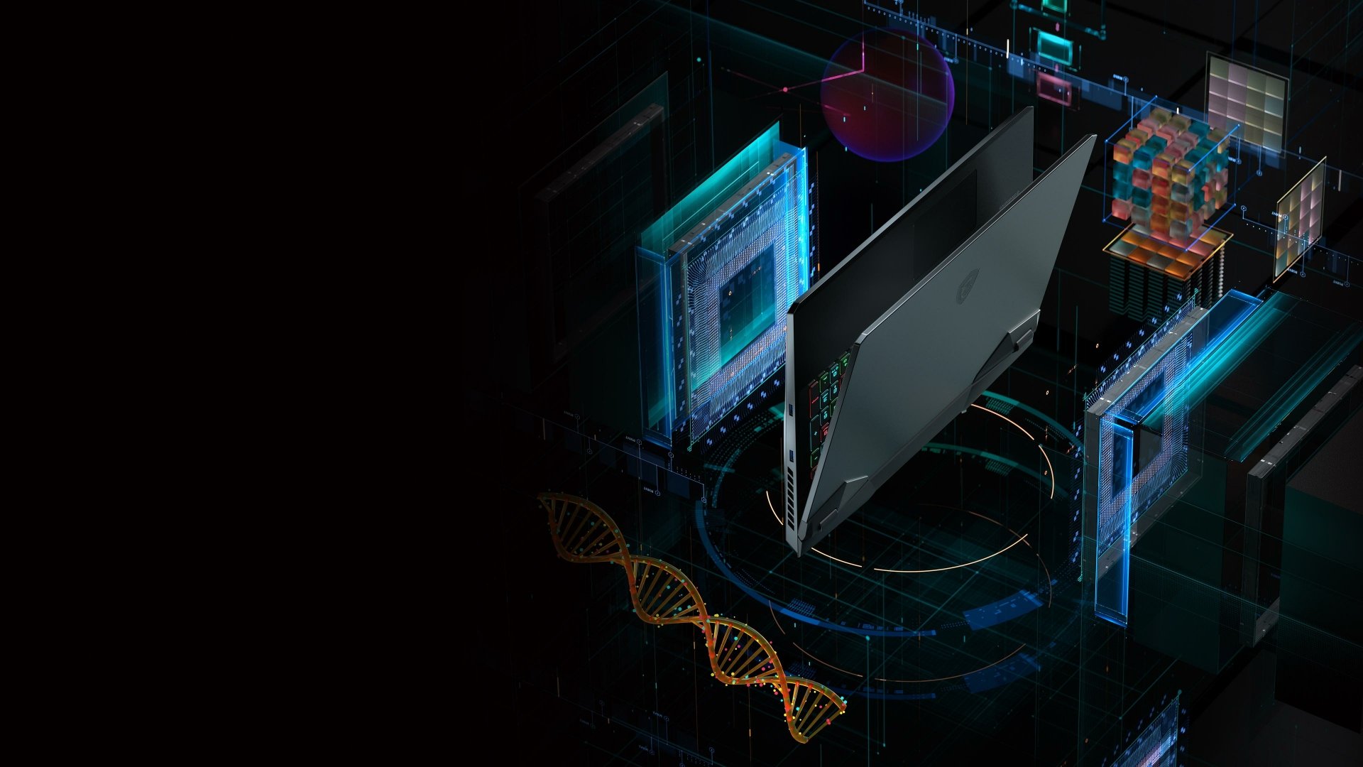 MSI 4K Ultra HD PC desktop wallpaper: sleek laptop floating among neon circuit boards and a glowing DNA helix in teal and orange on a dark cyber-technology background.