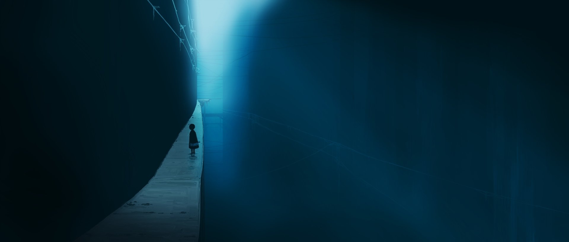4K Ultra HD PC desktop anime wallpaper: lone anime girl walks down a narrow, shadowed corridor toward a distant blue light.