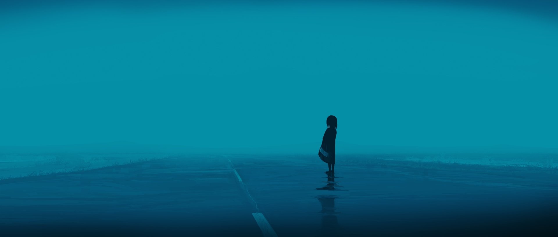 Anime girl standing alone on a reflective wet road beneath a teal sky — 4K Ultra HD PC desktop wallpaper and background.