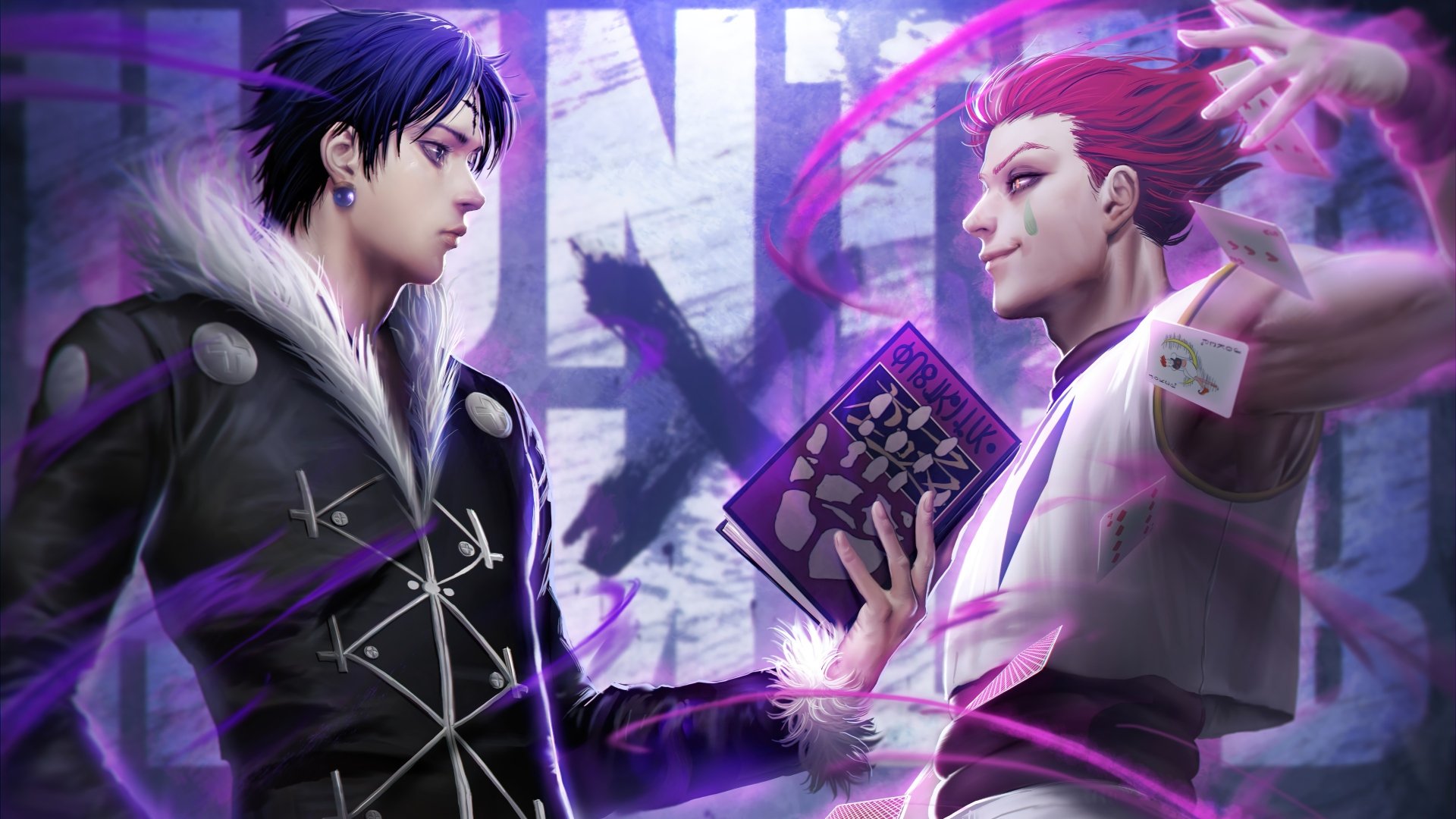 4K Ultra HD anime wallpaper featuring Hisoka and Chrollo Lucilfer from Hunter × Hunter's Phantom Troupe, with dynamic purple energy effects in the background.