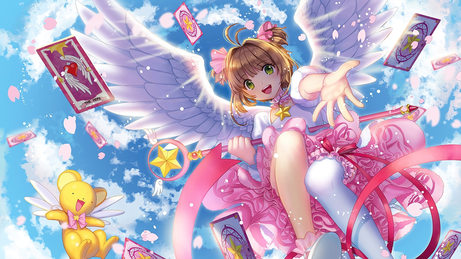 4K Ultra HD PC wallpaper featuring Sakura Kinomoto with angel wings and Keroberos from Cardcaptor Sakura surrounded by magical Clow Cards in a bright blue sky.