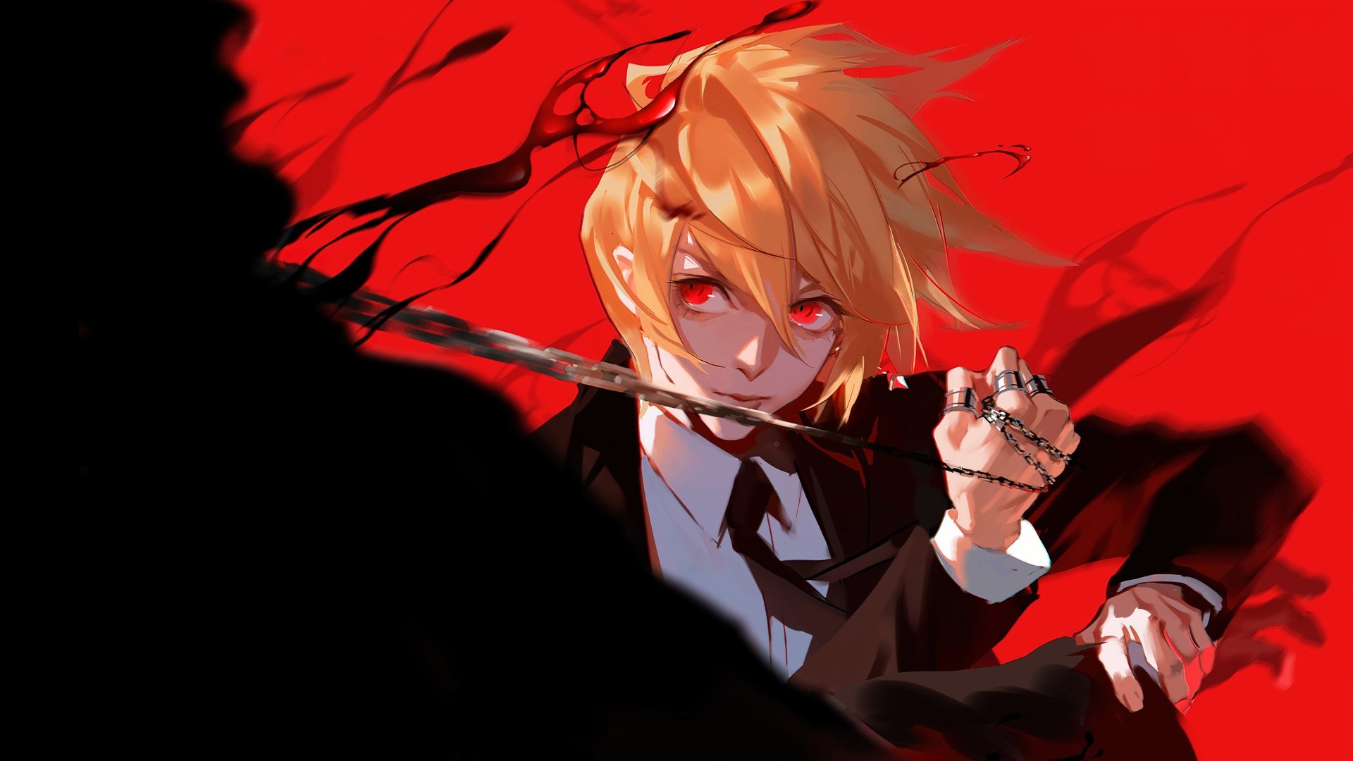 HD desktop wallpaper of Kurapika from Hunter × Hunter. The anime character has blonde hair, red eyes, and is set against a vibrant red and black background.